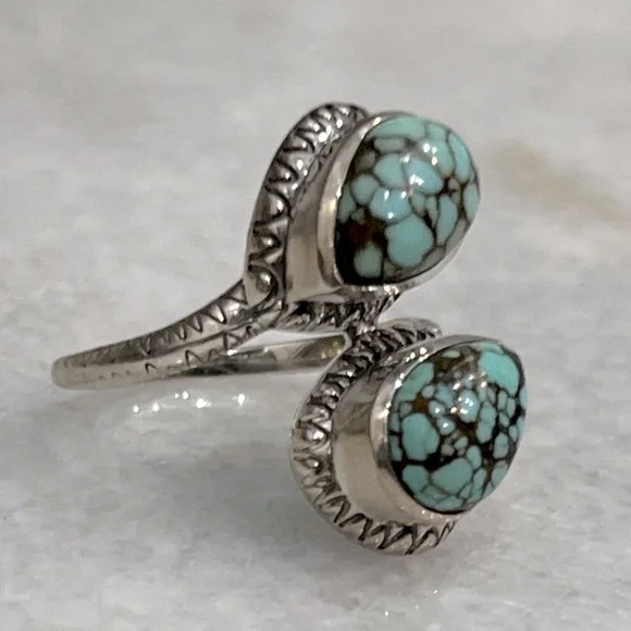 Blue Moon Turquoise Teardrop Black Oxidized Sterling Silver Bypass Silver Ring - Picture 4 of 9